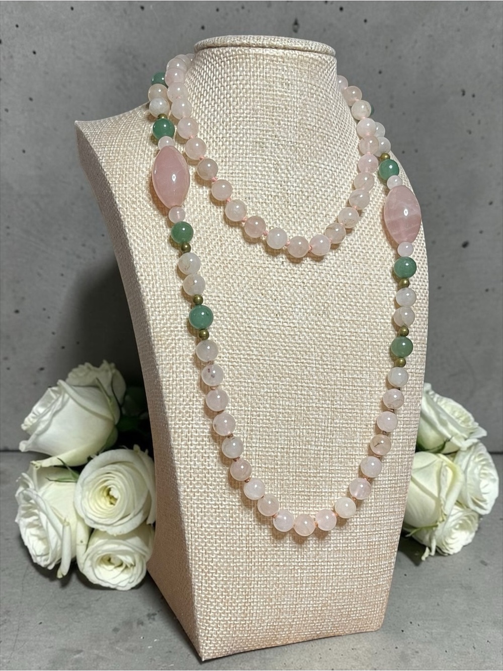 Rose Quartz Aventurine Double Knotted Silk Statement Necklace